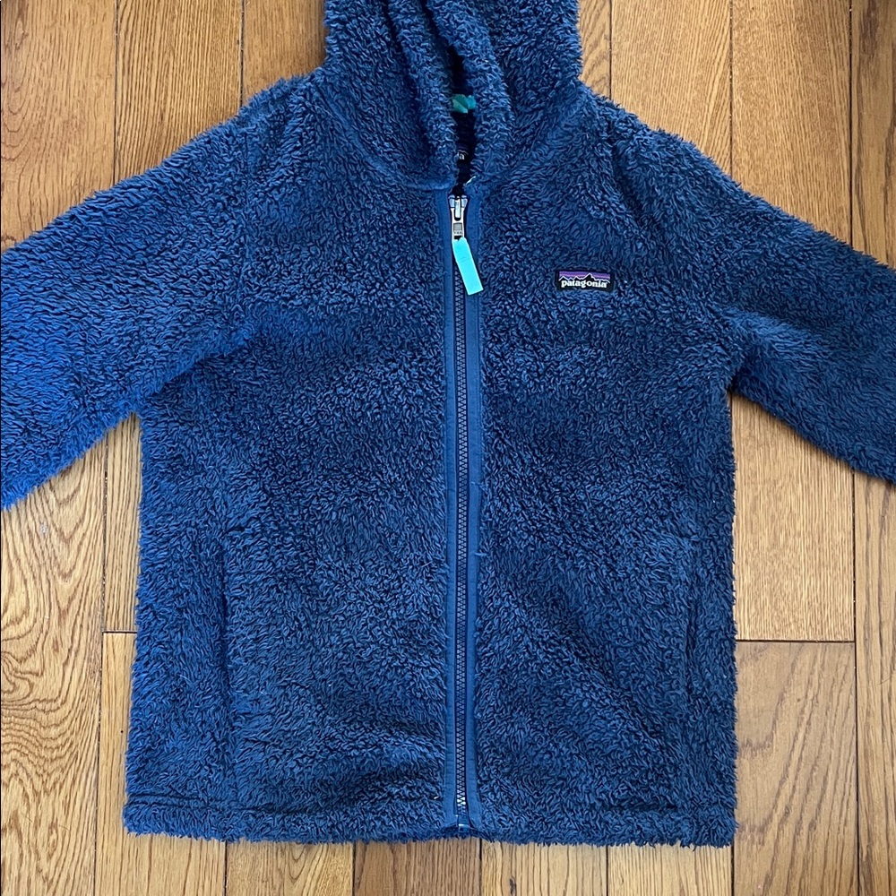 Patagonia blue fuzzy fleece jacket girls size 7 8 unisex hooded Sherpa